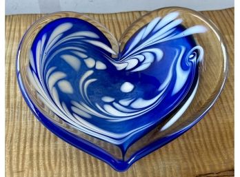 Blue And White Art Glass Heart Dish