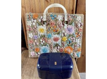 Vintage Mexico Floral Burlap Embroidered Tote Bag With Vinyl Handles And Craft Sewing Box And Contents
