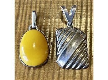 Sterling Silver And Yellow Baltic Amber Pendant, And Sterling Silver Pattern Pendant(11.8 Grams)