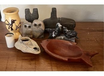 International Lot - Roman Oil Lamp, Carved Canadian Whale, Stone Owls, Marble Birds, And More
