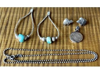 Pair Of Sterling Silver Bear Fetish Earrings, Turquoise Bench Bead Earrings, Sterling Mexico Pendant, And More