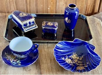 Otagiri Tray With Limoges France Cobalt Blue 24 Karat Gold Trim Dishware - Piano, Teacup And Saucer, & More