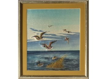 Vintage Hand Stitched Embroidery Duck Seascape In Frame