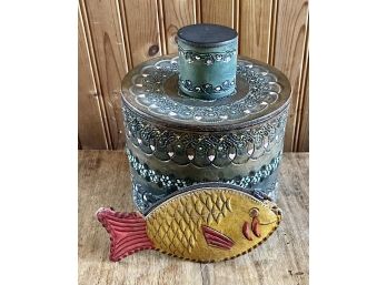 Vintage Hand Tooled Leather Lot - Round Lidded Storage Container, Trinket Container, And Tooled Fish Purse