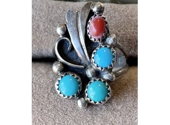 Navajo Sterling Silver Turquoise And Coral Ring Signed B Size 6 - 5.2 Grams Total