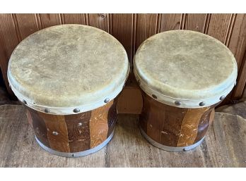 Pair Of Vintage Wood And Leather Top Studded Bongo Drums