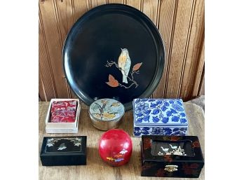 Lot Of Asian Trinket Dishes And Boxes - Black Lacquer, Wood, Enamel Cloisonne, Couroc Tray, And Porcelain