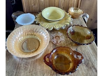 Vintage Kitchen Lot - Yellow Enamel Bowl, Sunflower Dish, Anchor Hocking Fire King Ruffled Bowl, & More