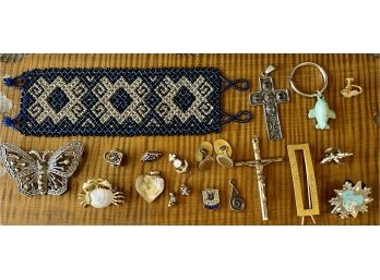 Eclectic Jewelry Lot - Marcasite Butterfly, MOP Pendant, Antique Gold Filled Pins, And More
