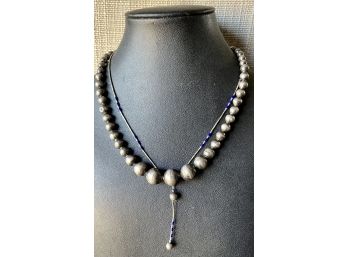 Antique Mexico Bench Graduated Bead Necklace, Liquid Silver And Blue Bead Necklace