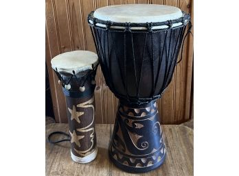 Vintage 16 Inch African Style Djembe Drum With 11.25 Inch Carved Drum