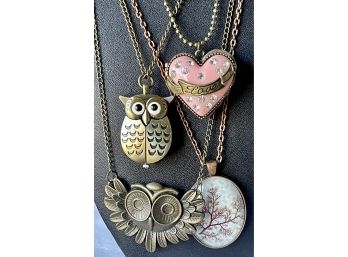 (4) Brass Tone Necklaces - (1) Owl Quarts Watch Pendant (1) Pink Enamel Heart