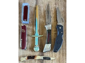 (5) Assorted Pocket Knives And Multitools With Brass Letter Opener - Sharp, Frost Surgical Steel, Stainless