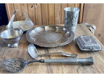 Lot Of Vintage Silver Plate - Chinese Plate By Gorham, Ladle, Serving Fork, Small Covered Dish, Pewter Cup
