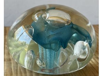 Blue Bubbled Art Glass Paper Weight