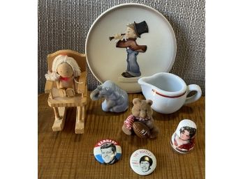 Eclectic Vintage Miniature Lot - Schonwald Pitcher, Green Duck Beatles Button, JKF Button, And More