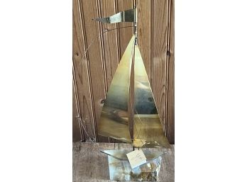 Vintage Signed Yosi Brass Ship With Stone Base And Original Tag