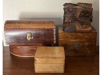 (5) Hand Made Wooden Boxes - Honduras, Dove Tail, Recipe, And Miniature Trunk