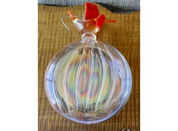 Iridescent Art Glass Christmas Ornament With Hand Blown Bird