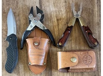 Guidemaster Multi-tool And Shakespeare Sportfisher Pliers With Leather Sheathes And Kershaw Stainless Knife