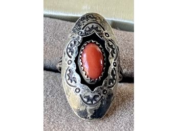 Navajo Sterling Silver And Coral Signed AR Ring Size 5.25 - 4.2 Grams Total