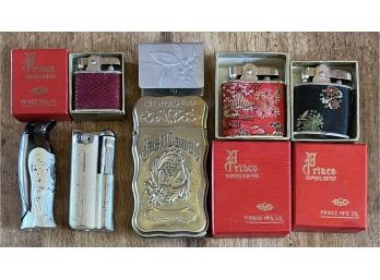 Vintage Lighter Collection- (3) Prince Superlighters With Boxes, Jack Daniels, Pewter Matchbook Holder. & More