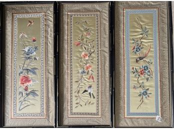 (3) Vintage Asian Influence Floral Embroideries In Bamboo Style Frame