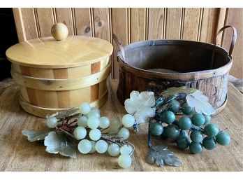 (2) Sets Of Carved Jadeite Grapes And Leaves With (2) Wood Handle Baskets - Bark And Lidded