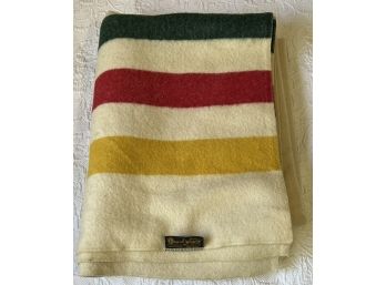 Vintage Pearce Woolrich 66 X 84 Inch Green, Red, And Yellow Strip Wool Blanket