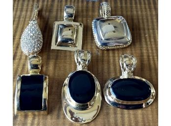 (6) Vintage Gold Tone Slide Pendants With Faux Onyx And Rhinestones