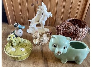 Vintage Animal Figurine Lot - Pig Planter, Harmony Kingdom Duck, Enesco Frog Dish, Mexico Candle Holder
