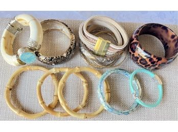 Lot Of Vintage Bangle Bracelets - Mother Of Pearl, Bamboo, Faux Bone, Metal, Fossil Steel, And More