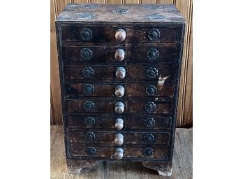 Antique 8 Drawer Wooden Apothecary Chest With Metal Trim And Accent