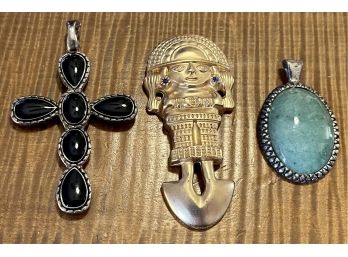Vintage Lot Of Silver And Gold Tone Statement Pendants - 2 Sided Cross Faux Turquoise, Green Stone, Warrior