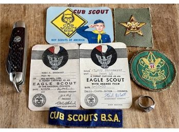 Vintage Sterling Silver Cub Scout Ring Size 6 With Ulster USA Pocket Knife & Eagle Scouts Cards 1955