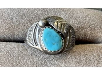 Navajo Sterling Silver And Turquoise Stamped Ring Size 6 - 4.1 Grams Total