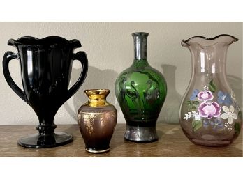 Amethyst Double Handled Vase With (3) Hand Painted Art Glass Vases