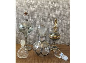 Art Glass Perfume Bottle Lot - 308 Sterling Silver Overlay, Egypt Art Glass, Stopper, And More