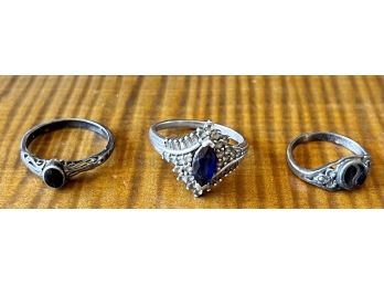 (3) Sterling Silver Rings With Blue Stone And Onyx (as Is)