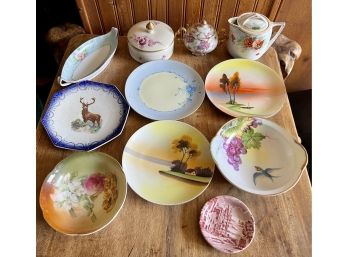 Vintage Lot Of Hand Painted China - Plates, Dishes, Creamer - Nippon, Meito, Stouffer, Kaolina, & More