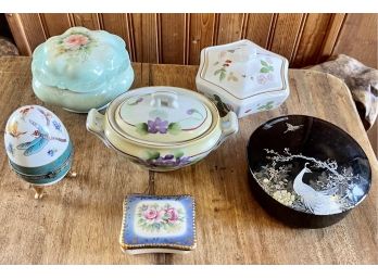 Vintage And Antique Porcelain Covered Dresser Jar, Casserole, And Egg Shape Enamel China Trinket Dish, & More