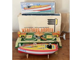 1960s Russian Windup Train Station With Shilling Zephyr Speed Boat Reproduction