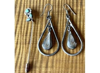 Pair Of Mexico Sterling Silver And Abalone Drop Earrings, Sterling And Turquoise Pin - 17.9 Grams Total