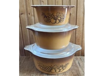 (3) Pyrex Old Orchard Pattern Stacking Casserole Dishes