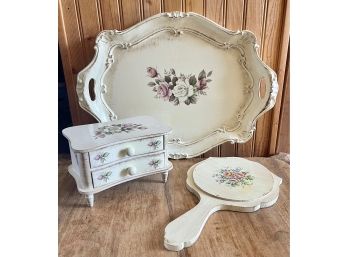 Wood Painted Made In Italy Rose Victoria's Secret Dresser Tray With Jewelry Box And Wood Mirror