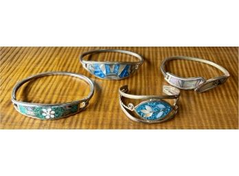 (4) Vintage Alpaca Mexico Mother Of Pearl And Abalone Inlay Bangle And Cuff Bracelets