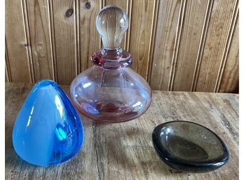 (3) Pieces Of Hand Blown Art Glass - Vase, Perfume Bottle With Stopper, & Trinket Dish