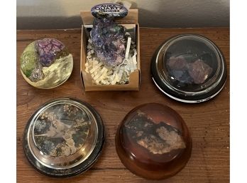 Aura Quartz Geode With (4) Assorted Epoxy Mineral And Floral Paperweights
