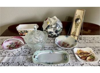 Assorted Glassware And Button Lot - Iridescent Lidded Dish, Key To The City Thermometer, & More