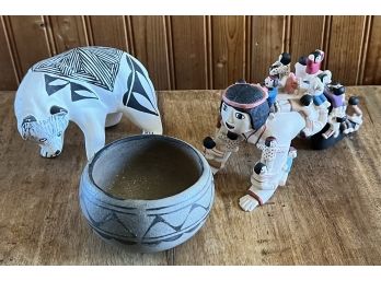 Cody Estevan Acoma Pottery Bear, Handmade Pottery Storyteller, And Hand Painted Bowl